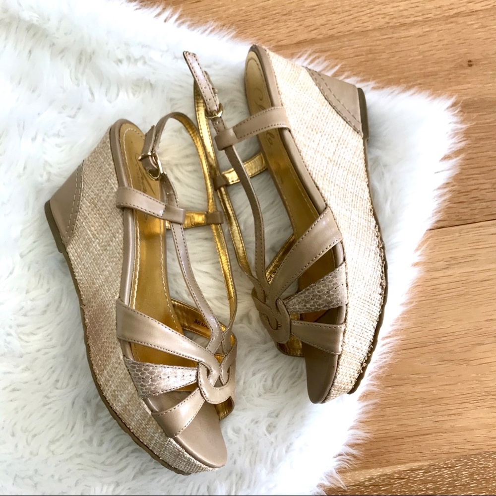 ❌SOLD❌ Charles David Nude Leather Raffia Heel Wedges